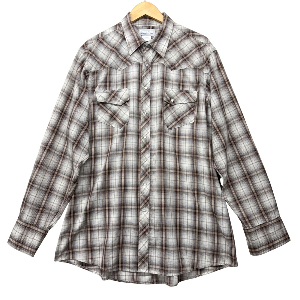 Wrangler Wrancher Western Snap Shirt Mens XLT Tall Brown Plaid MTW1231 Cowboy - Picture 1 of 13